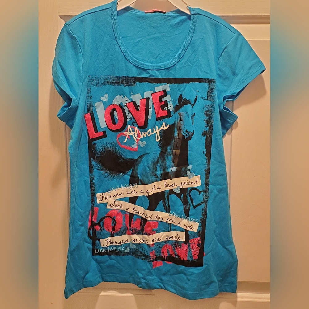 Girl's Size Large 14 Turquoise Love Horses Tshirt